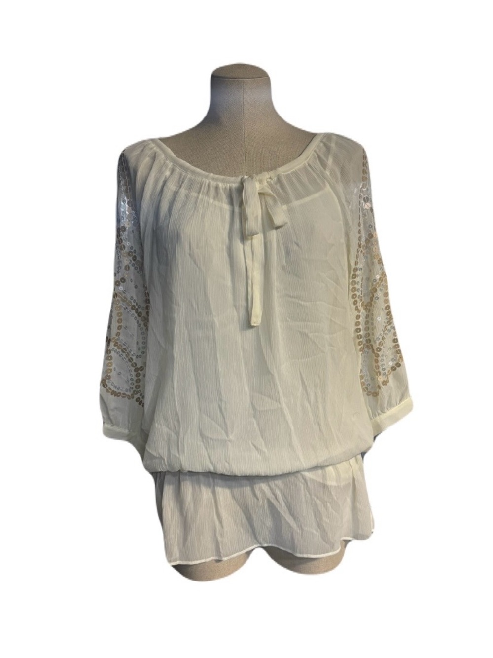 Nicole by Nicole Miller Ivory Peasant Blouse with Embroidered Sleeves